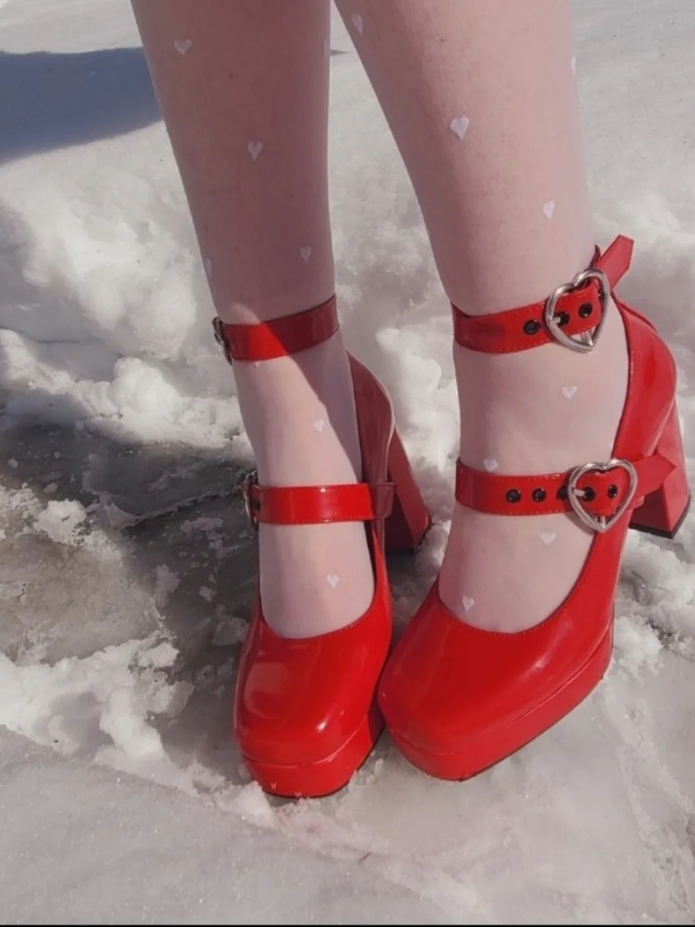 Lamoda Red Patent Mary Jane Heels with Heart Buckles